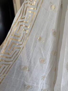 Gold-Embroidered White Eye Motif Scarf Wrap